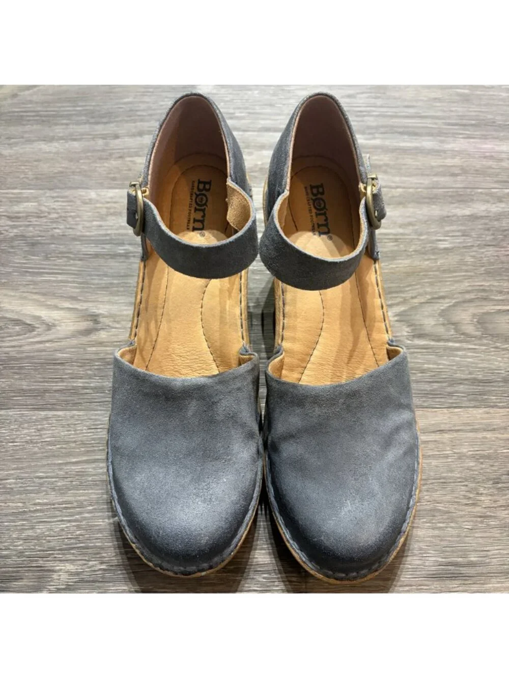 Born Nellie Wedge Heels Size 9 Mary Jane Blue Suede Adjustable Ankle Strap